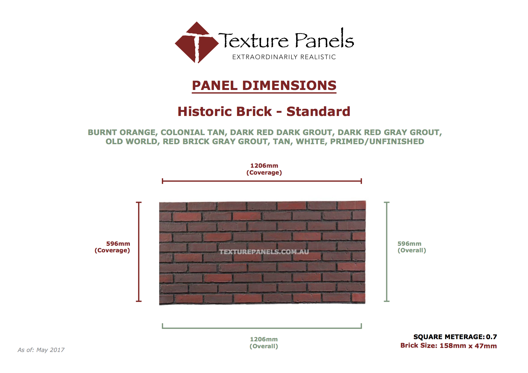 Historic Brick Faux Wall Panels Standard - Dimensions